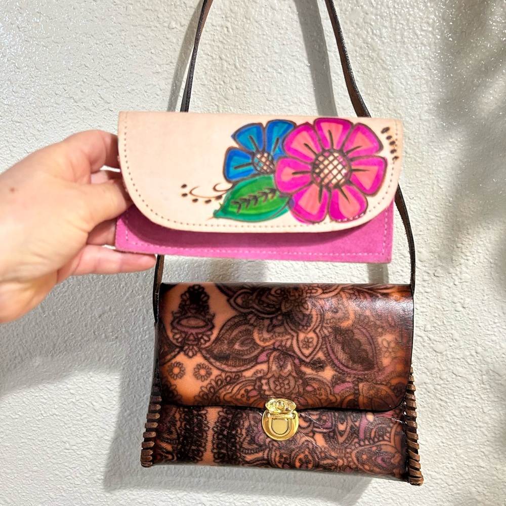 Floral hand painted Mexican  Leather Bag and Wallet Set